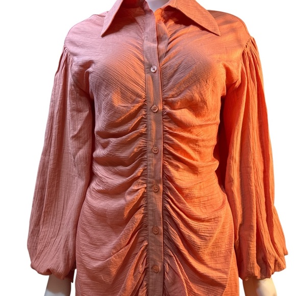 HYFVE  Ruched  Button Front Orange Mini Long Sleeve Rayon Blend Dress Sz S NWT - Picture 3 of 7